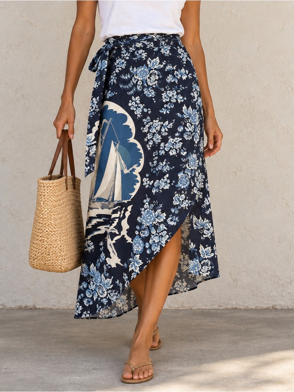 NWT - Tuckernuck Navy Floral Sailboat Linen Cotton Wrap Midi Skirt Medium